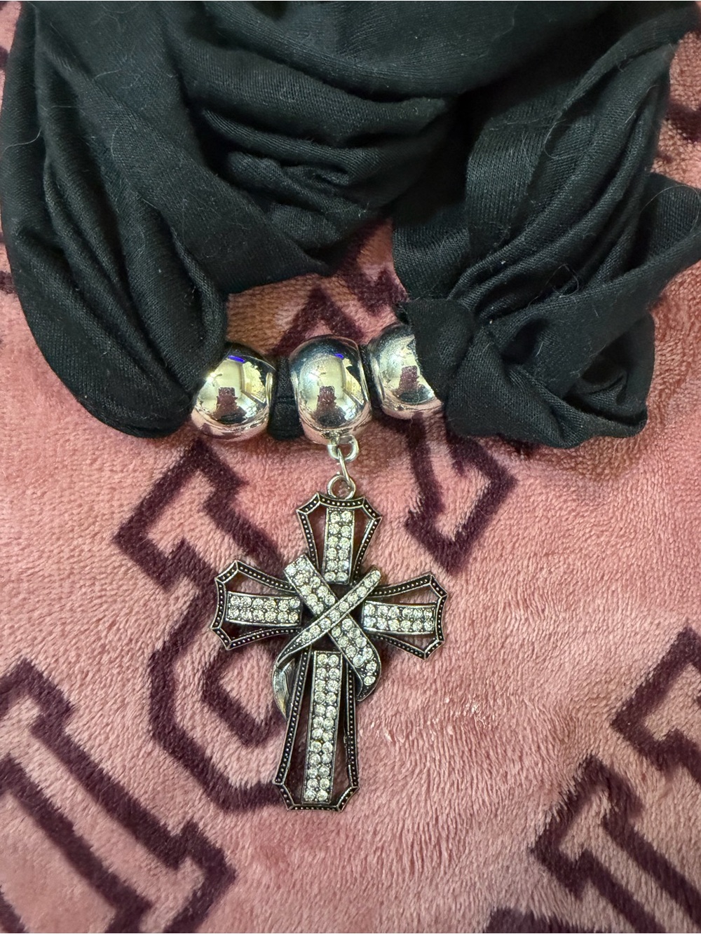 Black Scarf Necklace with Crystal-Embellished Cross Pendant